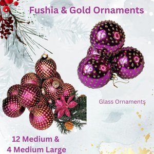 Fushia Glass Christmas Ornaments - Gold dots 12 med, 4 med Large Set total 16